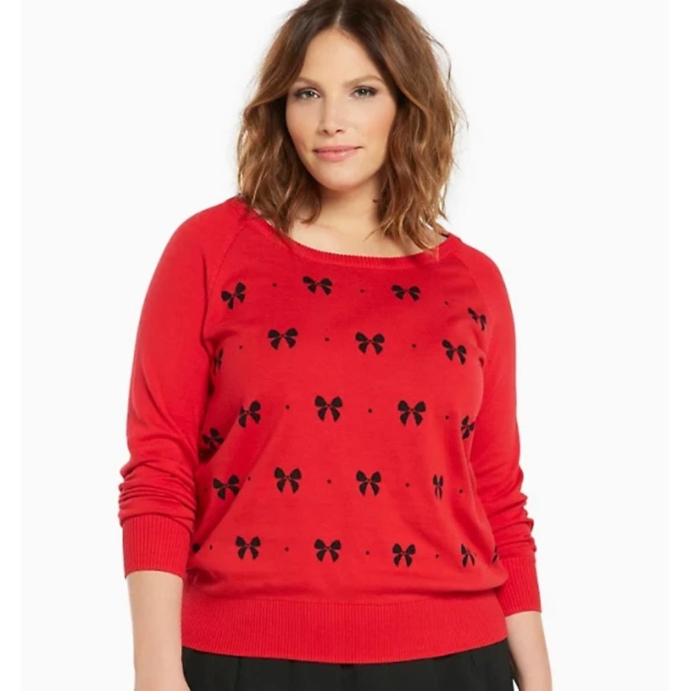 TORRID RED BOW PATTERNED PULLOVER CREWNECK SWEATER SIZE 1X
